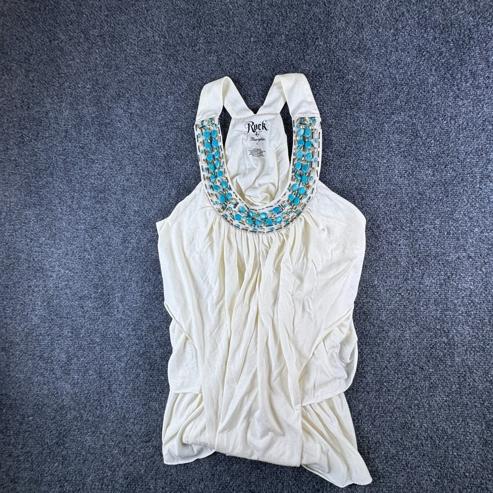 Rock 47 By Wrangler Tank Top Womens Large‎ Beige Turquoise Beaded Neck Pleated